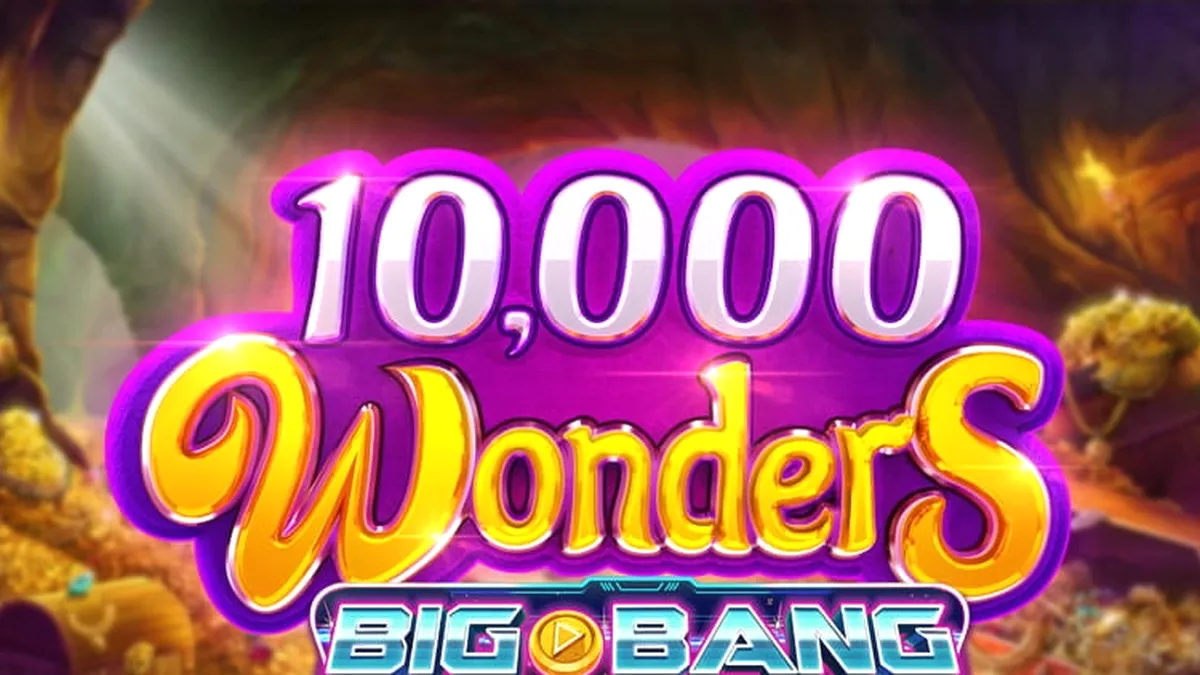 Tampilan layar permainan slot 10,000 Wonders Big Bang dengan desain 6 gulungan yang menarik.